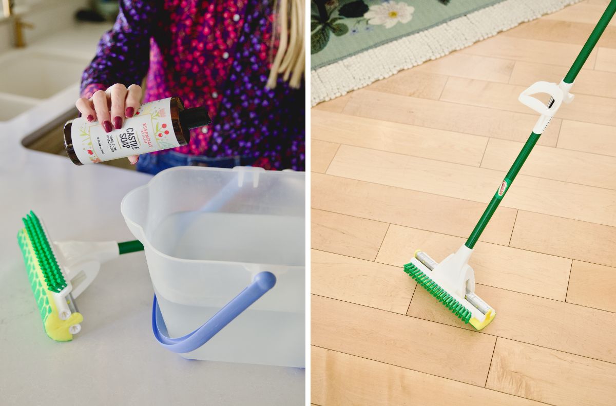 A person pours castile soap floor cleaner into a basin with a sponge mop nearby; the mop is then used to clean a wooden floor, showcasing one of the many castile soap uses for safe and effective home cleaning.