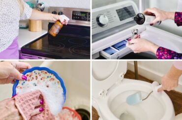A collage shows a person cleaning a stove, adding liquid to a washing machine, washing a dish, and scrubbing a toilet with a brush—demonstrating the many castile soap uses around the home.