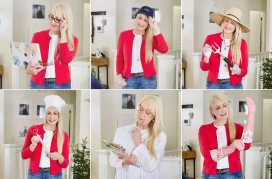 A woman in a red cardigan poses with six different outfits and props, representing various roles for each month of a calendar—business, construction, gardening, cooking, science, and cleaning.