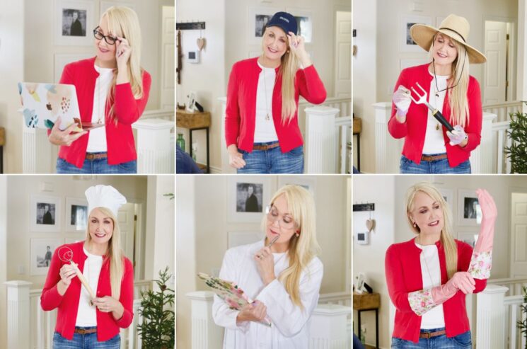 A woman in a red cardigan poses with six different outfits and props, representing various roles for each month of a calendar—business, construction, gardening, cooking, science, and cleaning.