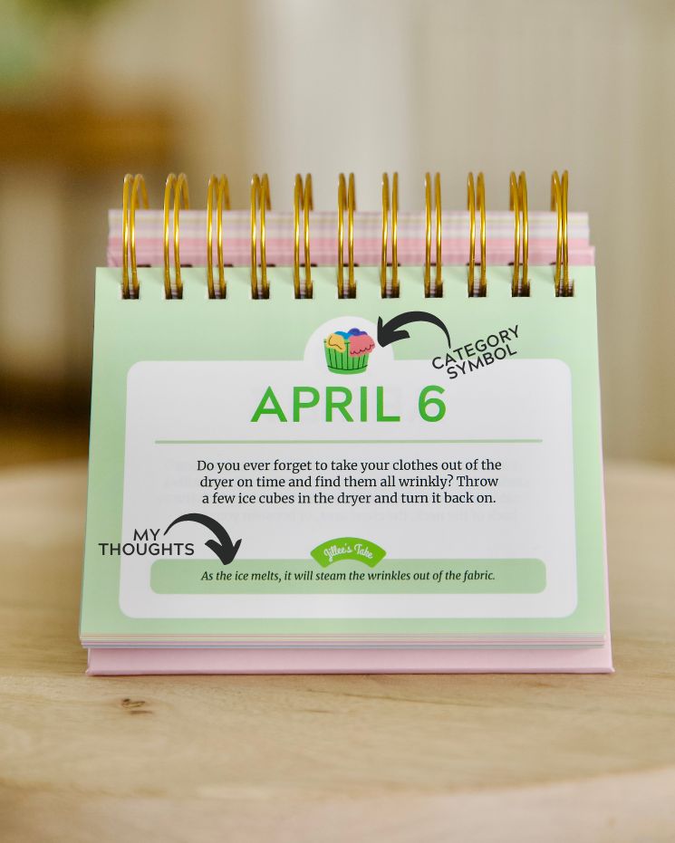 A calendar on a desk shows April 6, featuring a tip to reheat wrinkled clothes in the dryer for easy wrinkle removal. Arrows highlight 