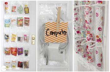 Clear plastic hanging pocket organizers fit over doors to neatly store food packets, computer accessories, and rolls of wrapping paper in separate compartments.