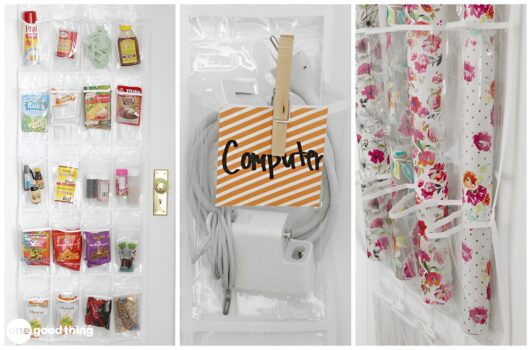 Clear plastic hanging pocket organizers fit over doors to neatly store food packets, computer accessories, and rolls of wrapping paper in separate compartments.