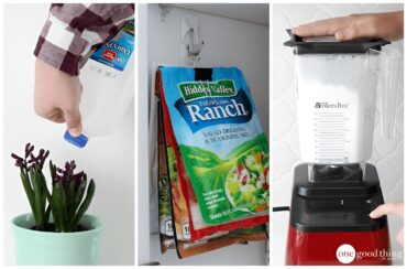 A collage showing someone watering a plant, salad dressing mix packets in a pantry, and a blender with a white liquid blendingโit's the ultimate "why didn't I think of that" moment for easy home hacks.