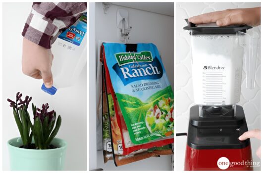 A collage showing someone watering a plant, salad dressing mix packets in a pantry, and a blender with a white liquid blending—it's the ultimate "why didn't I think of that" moment for easy home hacks.