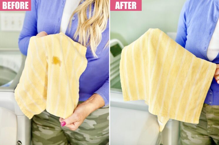 Split image showing a woman holding a yellow towel with a stain in the "before" photo and the same towel spotless in the "after" photo—highlighting how easy it is to remove stains with lemon.