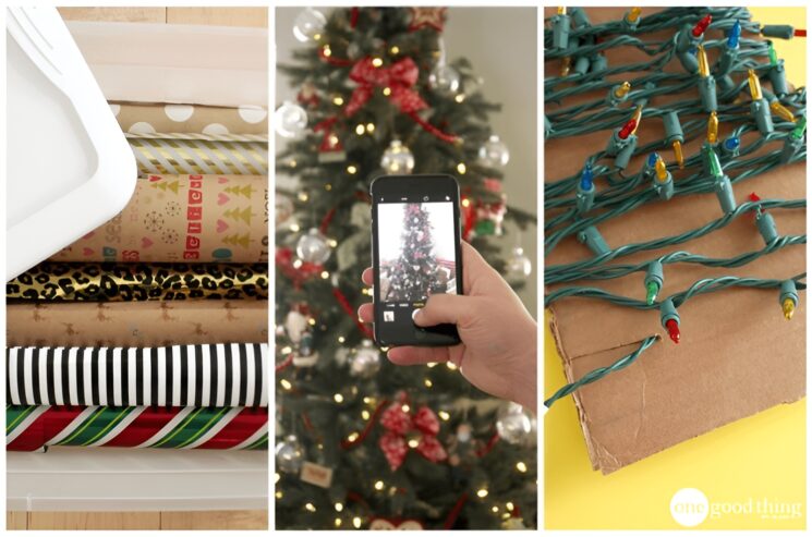 A storage bin filled with gift wrap, a hand snapping a photo of a decorated Christmas tree, and string lights wrapped around cardboard capture the spirit of Christmas cleanup.