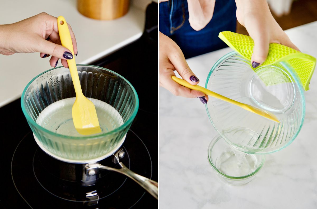 Two images: On the left, a hand stirs clear liquid in a glass bowl over a pot on the stove. On the right, homemade arthritis pain relief cream is poured from the bowl into a smaller bowl using a spatula.