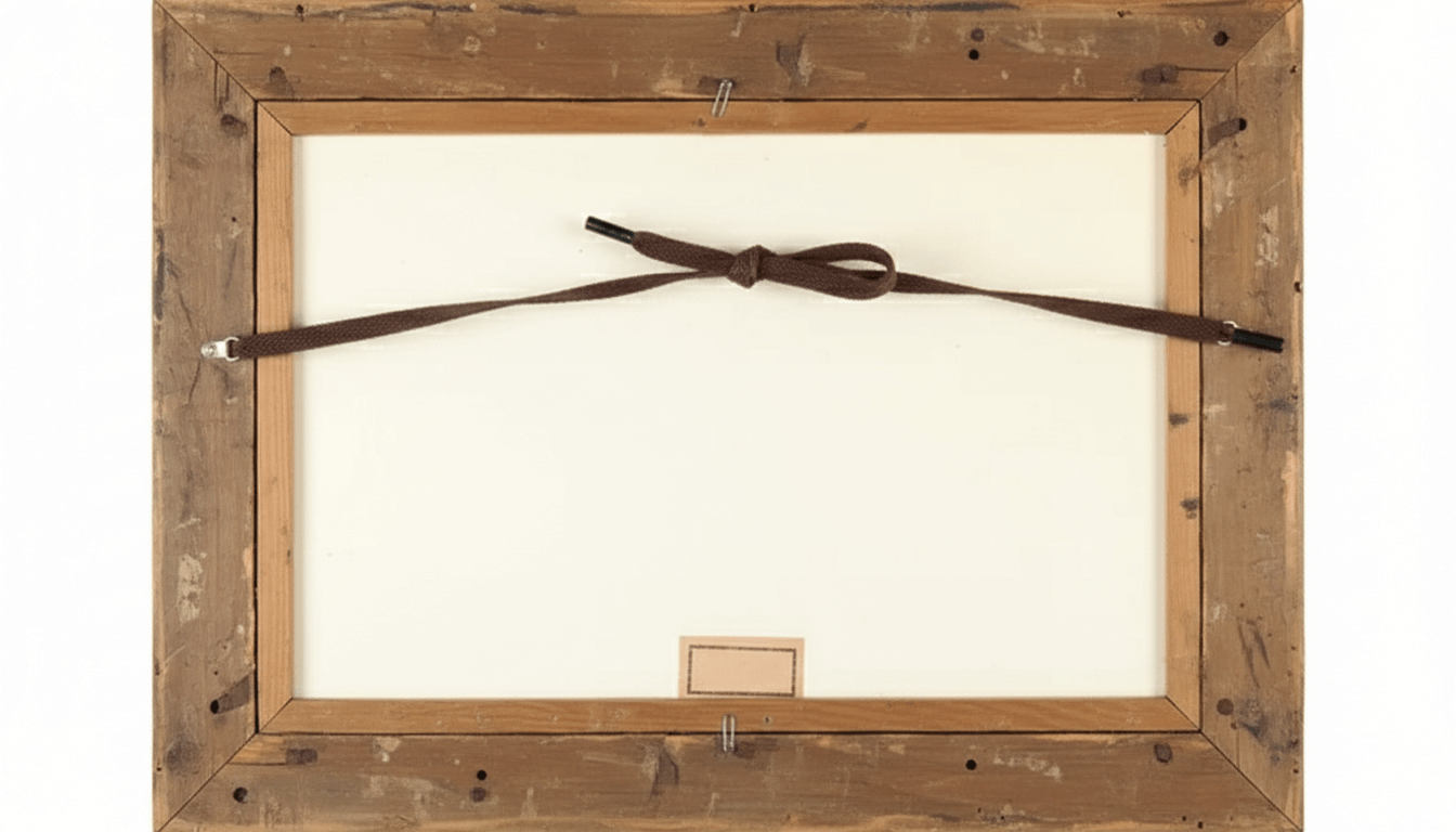 The back of a wooden picture frame with old shoelaces tied in a knot as a brown hanging cord and small metal clasps securing the frame.