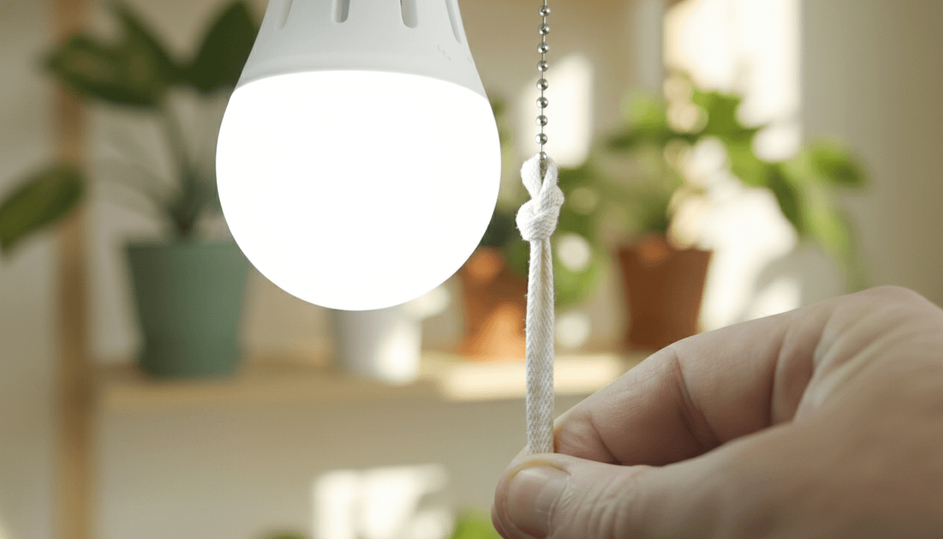 A hand pulls an old shoelace cord attached to a lit lightbulb, with blurred green potted plants in the background.