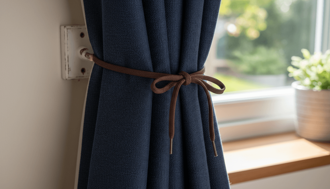 A navy blue curtain is tied back with old shoelaces beside a window, where sunlight pours in and a potted plant sits on the sill.