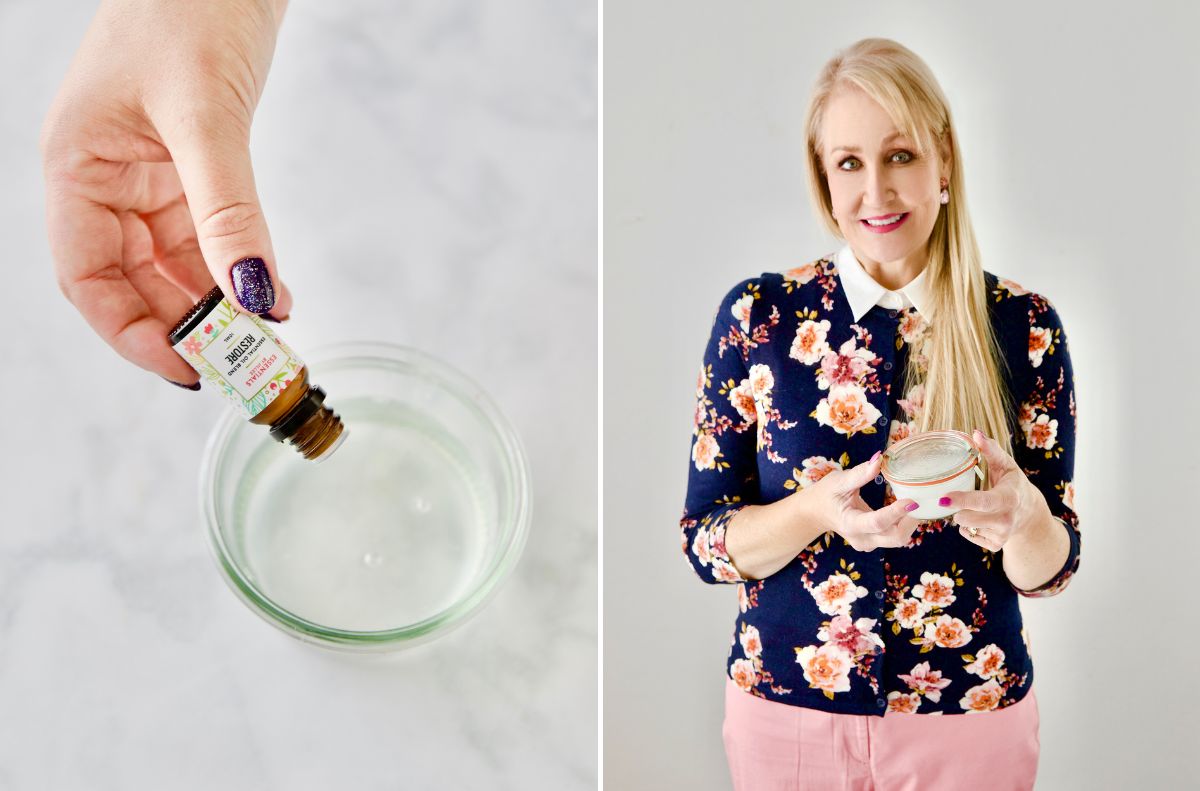 A hand pours essential oil into a glass bowl; next to it, a woman in a floral top holds a small jar of homemade arthritis pain relief cream and smiles at the camera.