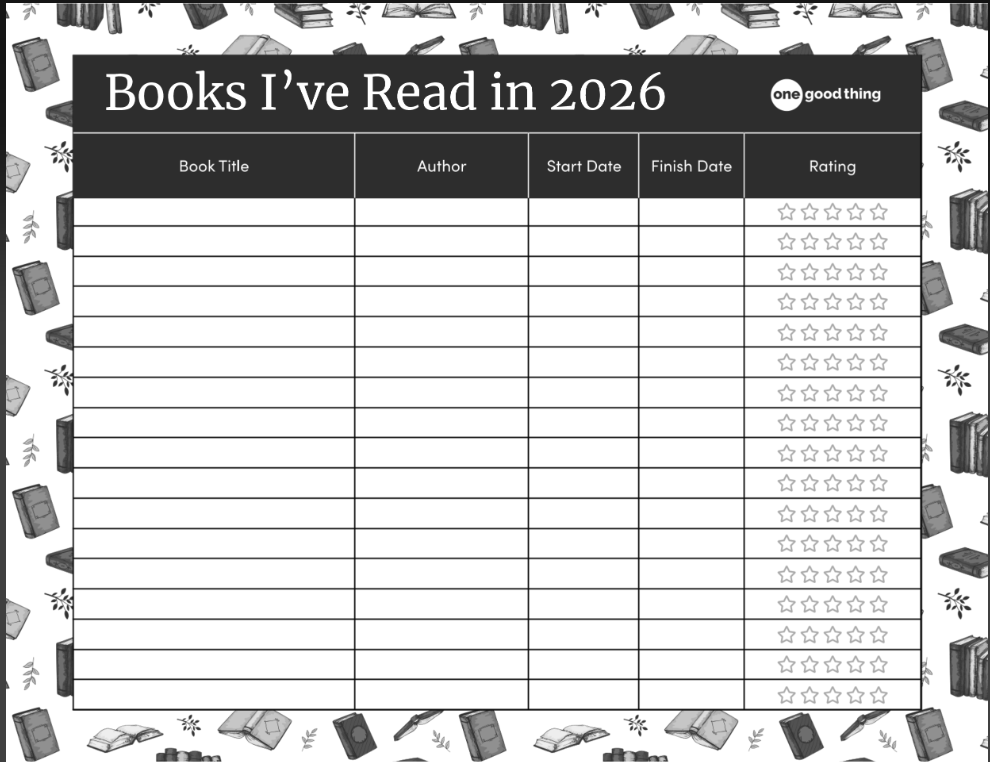 A blank reading log titled "Books I’ve Read in 2026" features columns for book title, author, start date, finish date, and rating, surrounded by black and white book illustrations.