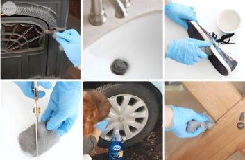 Wearing blue gloves, a person skillfully uses steel wool for various cleaning tasks: door, sink, shoe, scissors, car wheel, and furniture.