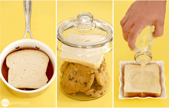 Three images: a slice of bread in a pot on sauce, bread in a jar with cookies, and a hand pouring water onto bread in a dish, all on a yellow background.