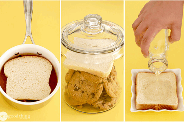 Three images: a slice of bread in a pot on sauce, bread in a jar with cookies, and a hand pouring water onto bread in a dish, all on a yellow background.