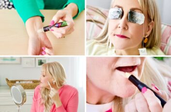 A woman demonstrates clever beauty edition hacks: applying cream to her wrist, using tea bags and foil on her eyes, concealer under her eyes, and even on her lips—why didn’t I think of that?.
