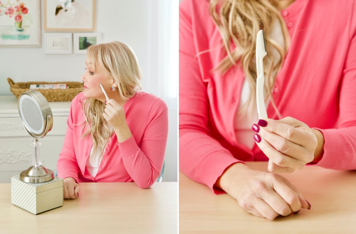 A woman in a pink cardigan holds a facial razor—one image shows her using it in front of a mirror, while another gives a close-up of her hand holding the razor. It’s truly a beauty edition moment that’ll have you thinking, 