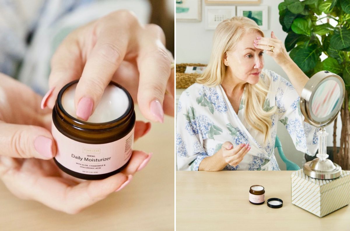 Close-up of a hand holding an open jar of daily moisturizer; in this beauty edition moment, a woman in a robe applies moisturizer to her forehead at a vanity table—why didn’t I think of that?.