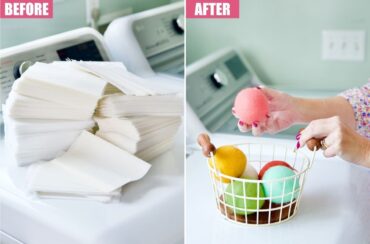 Split image showing a stack of dryer sheets on a washing machine labeled "Before" and a hand placing wool dryer balls in a basket on a washing machine labeled "After," highlighting how easy it is to use dryer balls for an eco-friendly laundry routine.