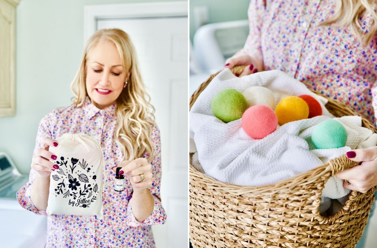 A woman holds a floral-patterned bag; beside her, a basket of white towels and vibrant wool dryer balls suggests an eco-friendly way to use dryer balls in your laundry routine.