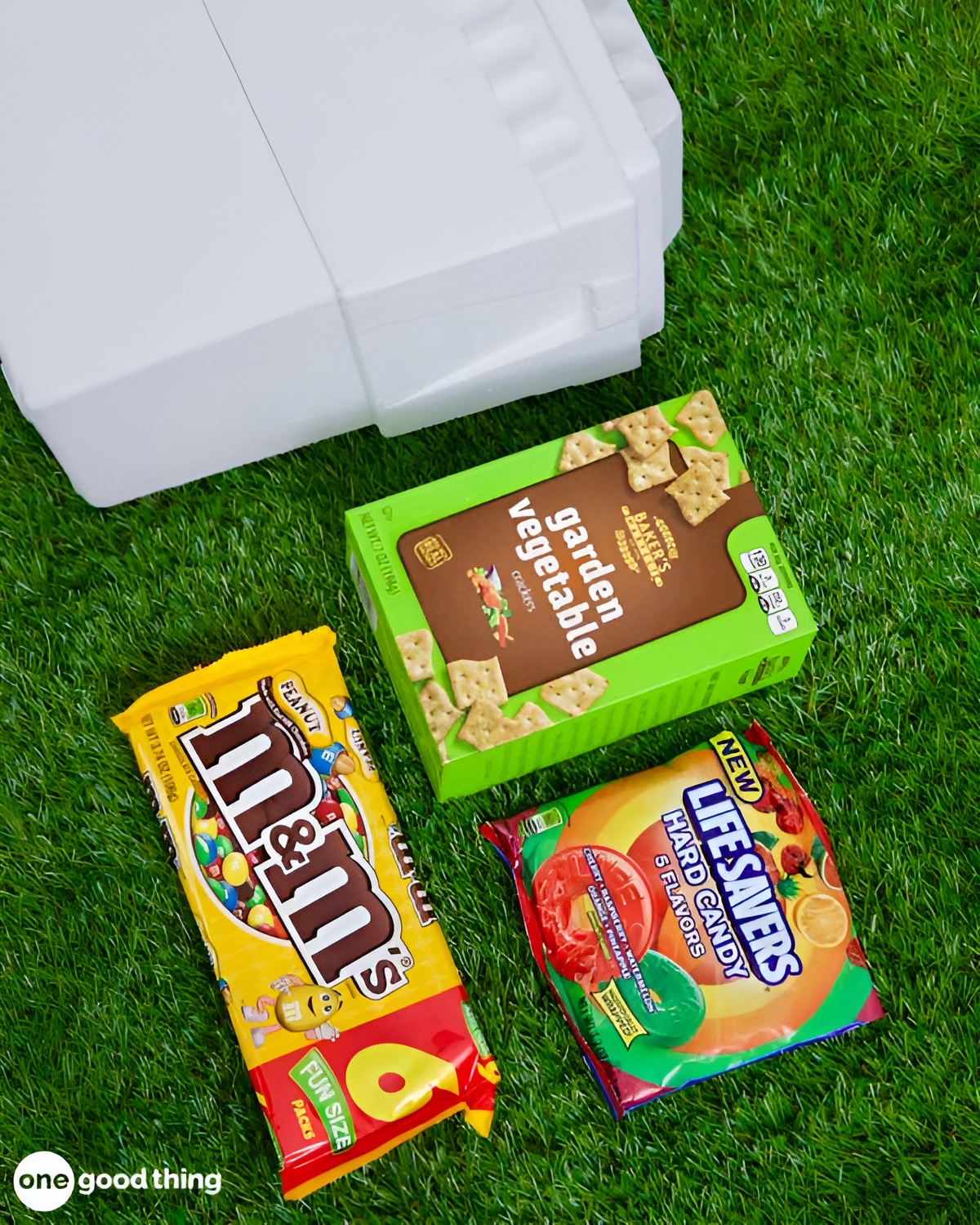 summer-dollar-store8-600x750 Three snacks—garden vegetable crackers, peanut M&M's, and Life Savers hard candy—are placed on artificial grass next to a white cooler, showcasing a fun dollar store haul perfect for any casual outing.