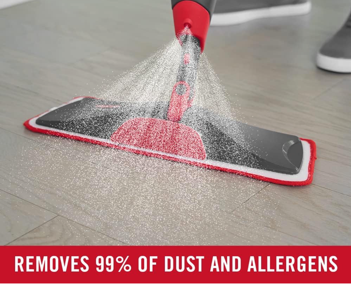 A red and black spray mop, one of the most innovative cleaning tools, glides across a wood floor, spraying a fine mist. Text below reads, 