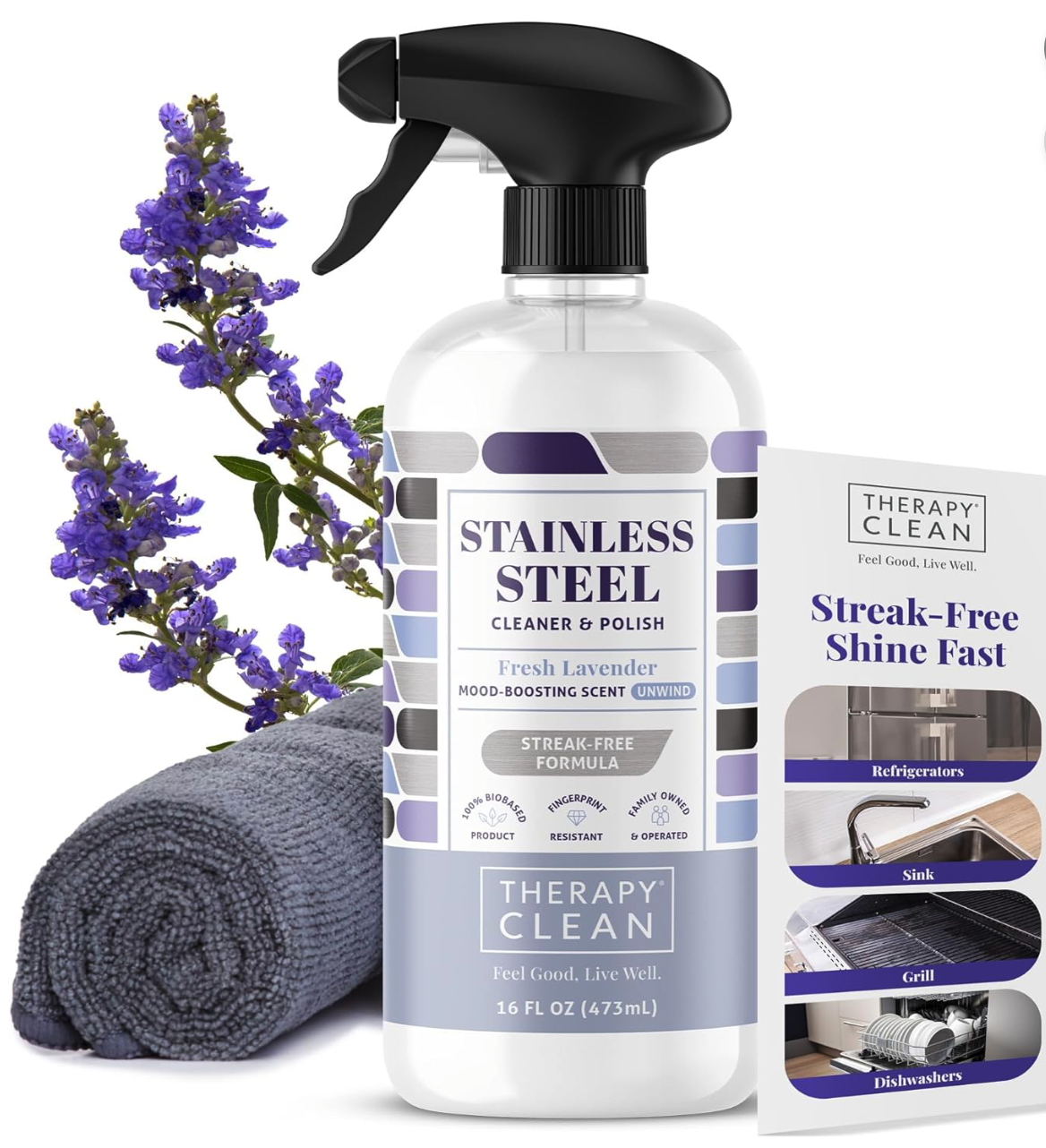 A bottle of stainless steel cleaner with a spray nozzle sits alongside essential cleaning tools: a gray microfiber cloth, fragrant lavender sprigs, and a product pamphlet showing helpful cleaning tips.