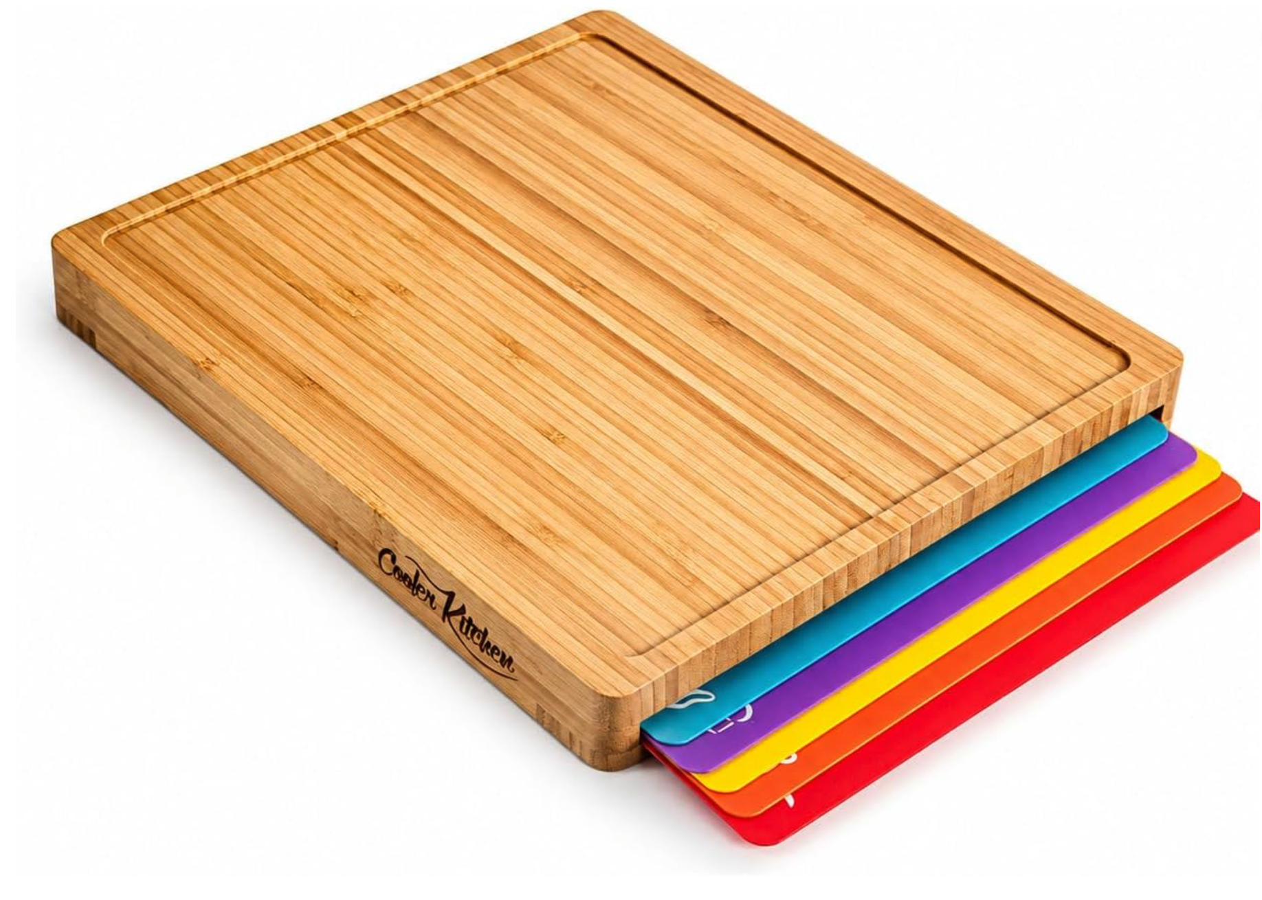 A wooden cutting board with four color-coded plastic cutting mats partially pulled out from a slot underneath, offering convenient color coding for safe and organized food preparation.