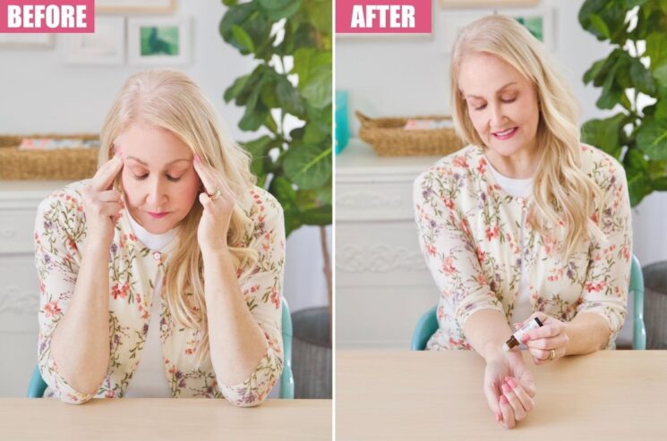 Split image: Left side shows a woman looking stressed with hands on her temples; right side shows her smiling while applying a roller to her wrist, effortlessly transitioning to a calm mind.