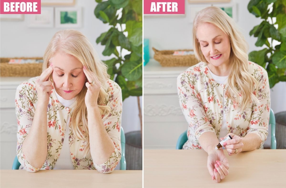 Split image: Left side shows a woman looking stressed with hands on her temples; right side shows her smiling while applying a roller to her wrist, effortlessly transitioning to a calm mind.