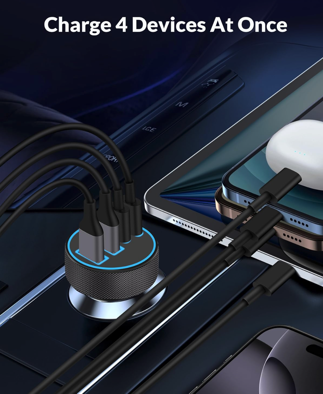 A multi-port charging hub, one of the must-have car accessories, with four cables connected, charges a smartphone, smartwatch, and earbuds on a car console.