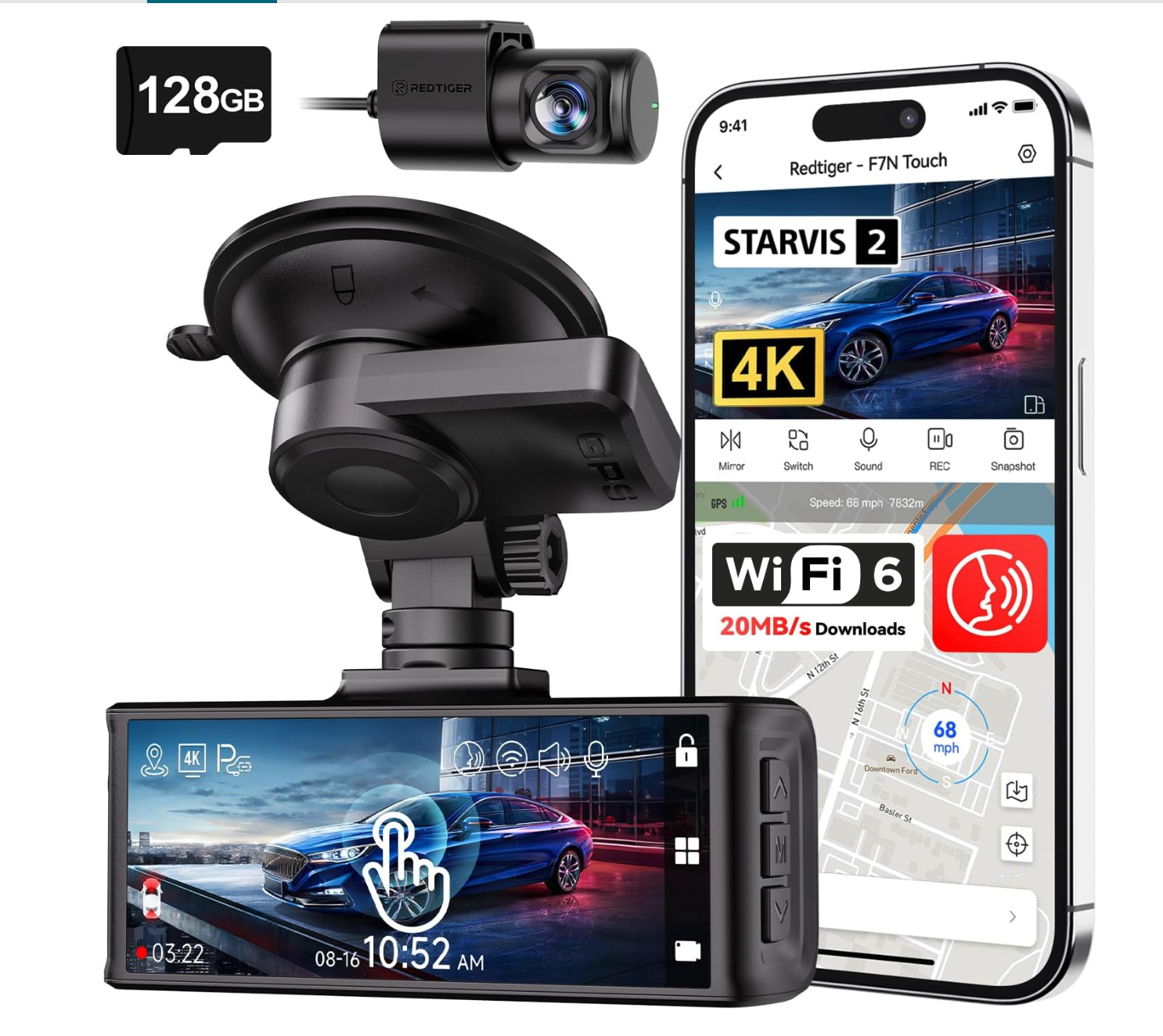Car dash cam setup with 128GB SD card, smartphone displaying app interface, camera unit, and screen showing a car and various features like 4K, WiFi 6, GPS, and touch controls—an essential addition to your collection of car accessories for enhanced driving safety and convenience.