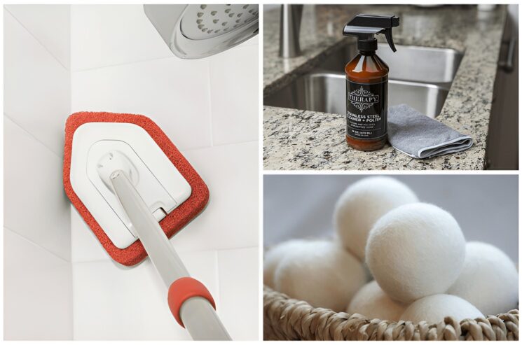 Collage of cleaning tools: a red mop cleaning white tile, a spray bottle and cloth on a kitchen counter by a sink, and white wool dryer balls in a woven basket.