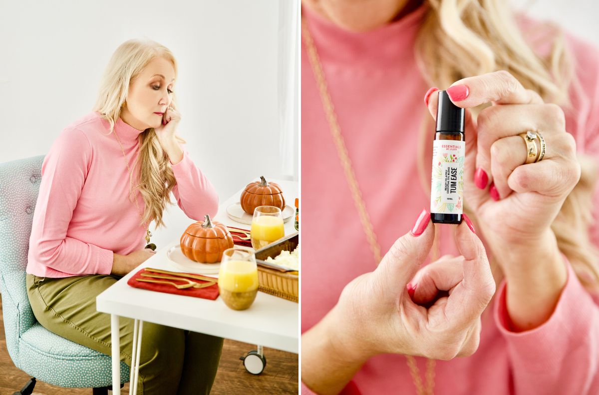 soothe aches and pains_1 A woman in a pink top sits at a table set with pumpkins and juice; a close-up shows her holding a small essential oil bottle labeled “MINTAL,” suggesting a natural approach to soothing everyday aches.