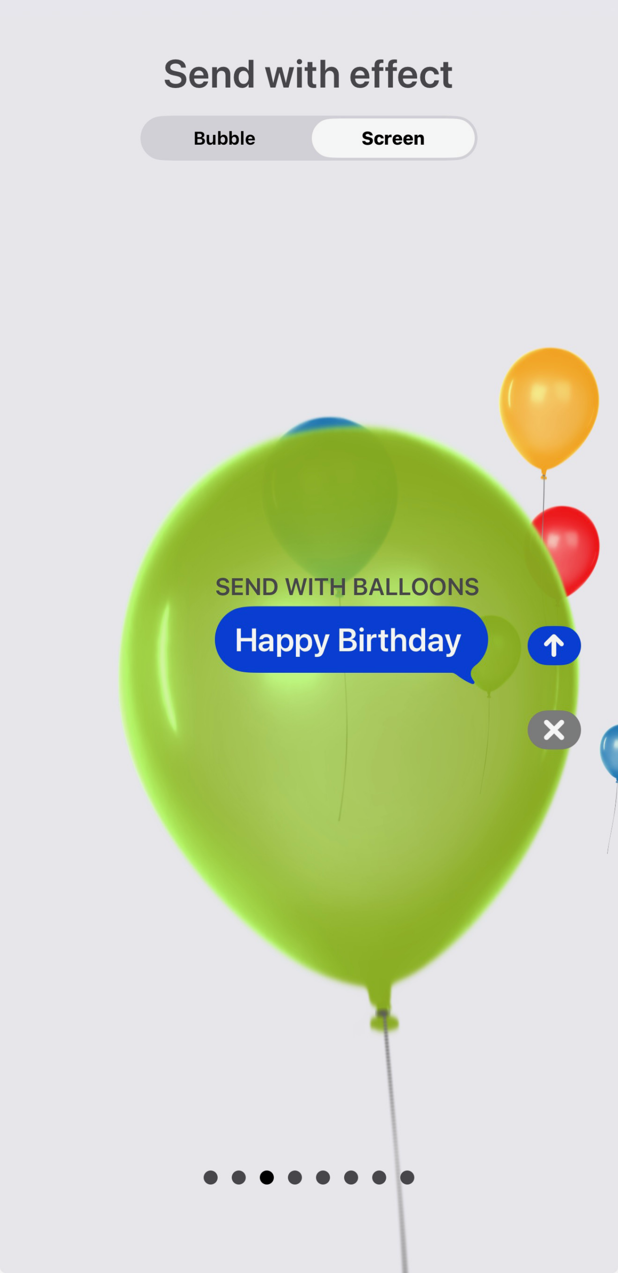 A phone screen shows a “Happy Birthday” message with floating balloons and the option to send with screen or bubble effect—one of those fun iPhone hacks that adds a special touch to your messages.