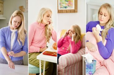 Four images of a woman experiencing allergy symptoms: applying cream, rubbing her eyes, pinching her nose, and holding tissues while sitting on a bed—capturing the reality of everyday aches and discomfort.