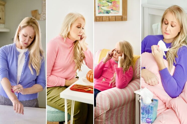 Four images of a woman experiencing allergy symptoms: applying cream, rubbing her eyes, pinching her nose, and holding tissues while sitting on a bed—capturing the reality of everyday aches and discomfort.