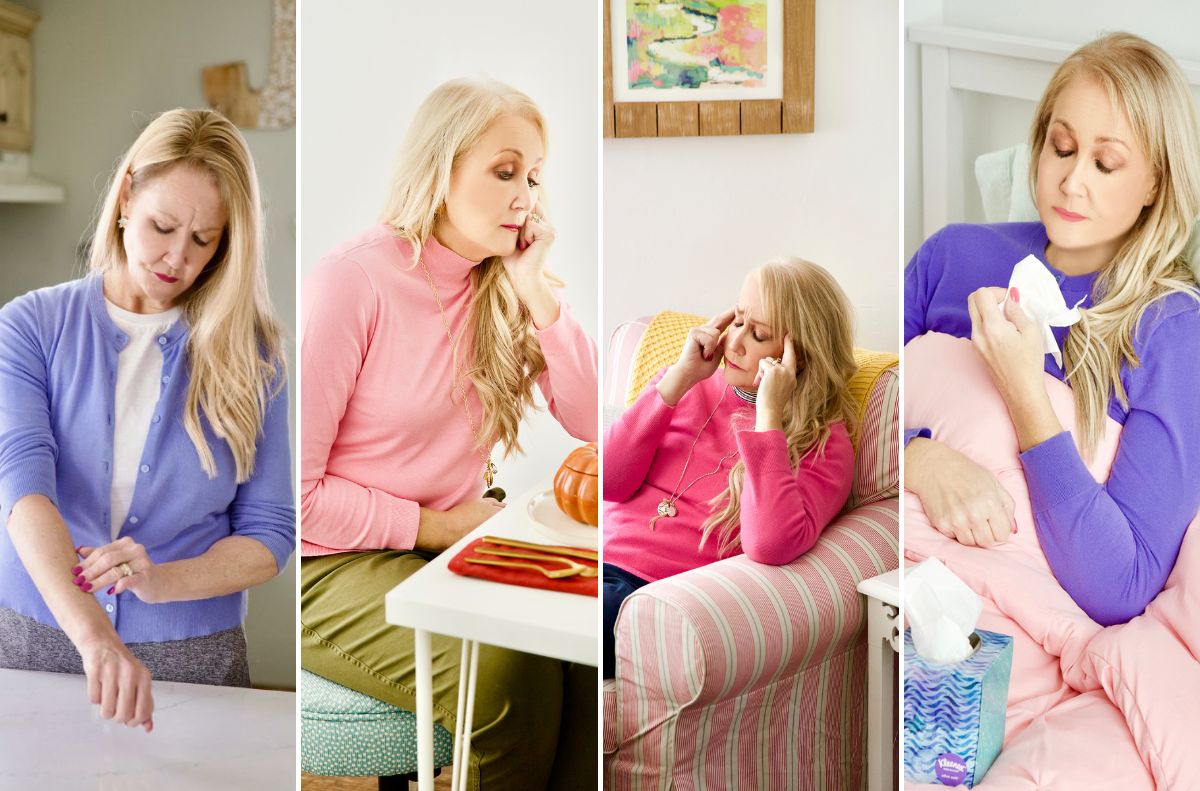 Soothe Aches and Pains Four images of a woman experiencing allergy symptoms: applying cream, rubbing her eyes, pinching her nose, and holding tissues while sitting on a bed—capturing the reality of everyday aches and discomfort.