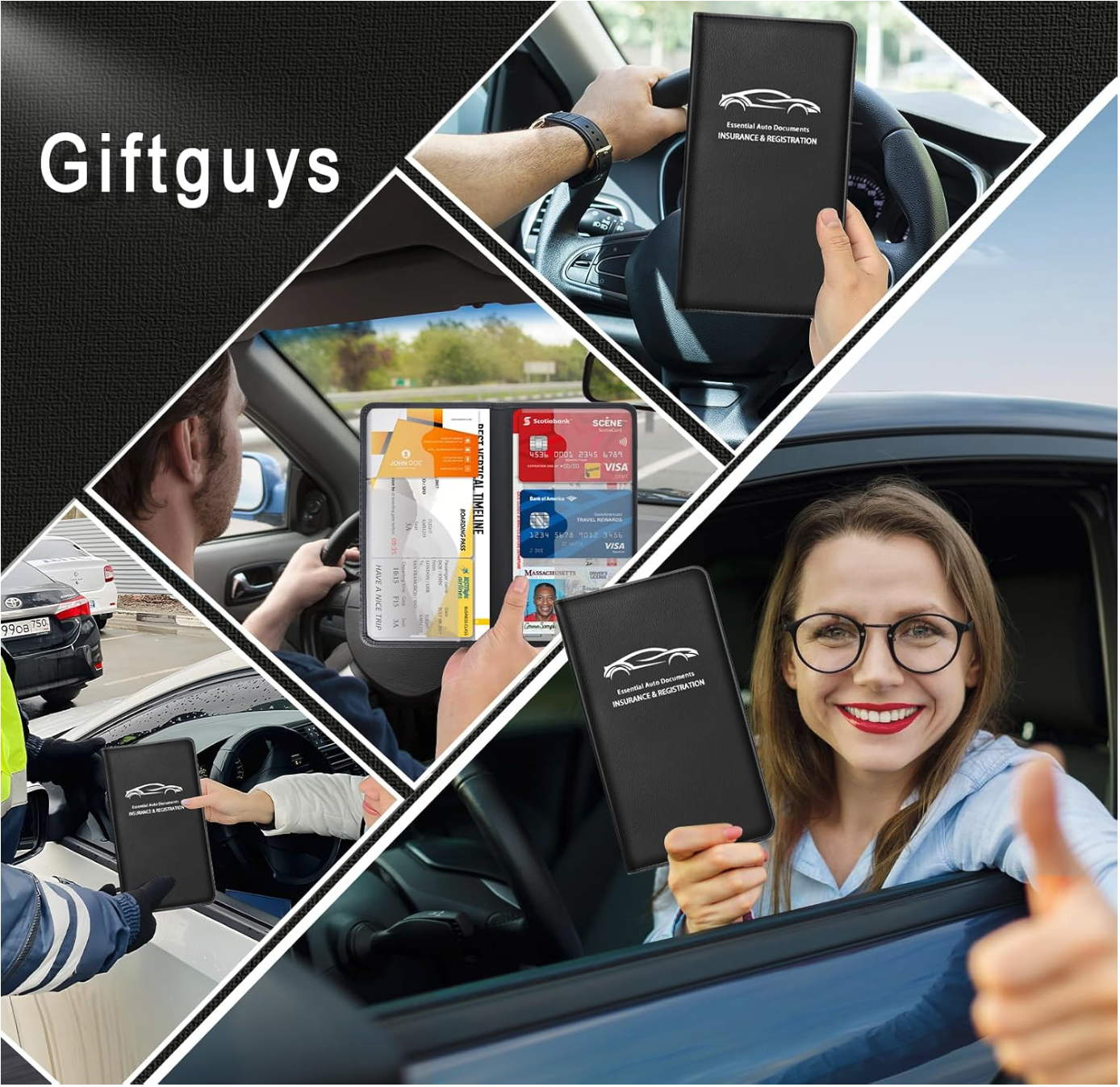 A person displays a black insurance and registration holder while interacting with a police officer and smiling in a car, feeling confident thanks to some recent car cleaning hacks.