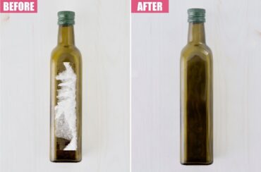 Split image of a bottle showing a cloudy, sediment-filled bottle labeled “before” and a clear bottle labeled “after” against a light background, illustrating the effectiveness of DIY Goo Gone.