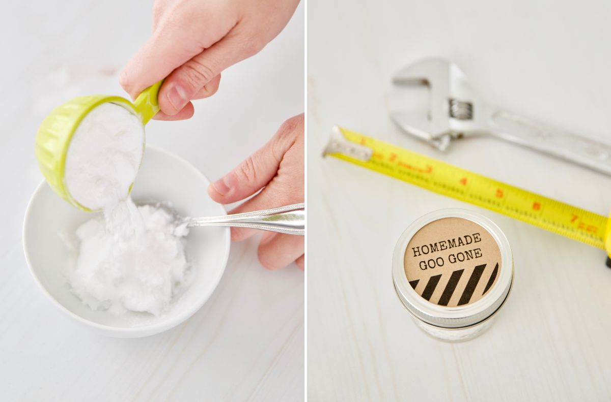 A person pours white powder into a bowl; next to it, a jar labeled “Homemade Goo Gone” sits beside a wrench and measuring tape on a white surface, showcasing a simple DIY goo gone solution ready for your toughest cleaning tasks.