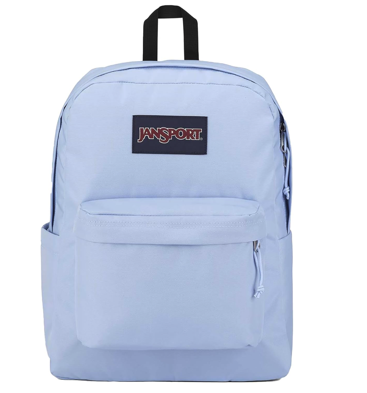 Light blue JanSport backpack with a front utility pocket, a top carry handle, and lifetime warranties.