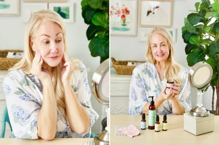 A mature woman in a floral robe applies skincare products, shown holding a jar next to several bottles on a table.